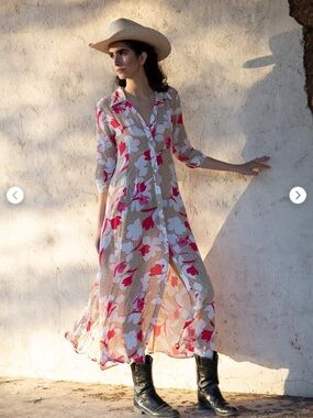 TAJ by Sabrina Crippa Beige Floral Maxi Shirt Dress with Pink and White Accents